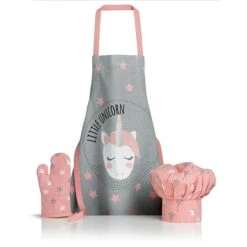 Ensemble Gant, Toque Et Tablier De Cuisine Impression Licorne Enfant