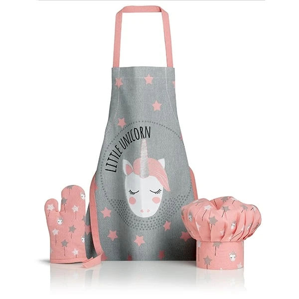 Ensemble Gant, Toque Et Tablier De Cuisine Impression Licorne Enfant